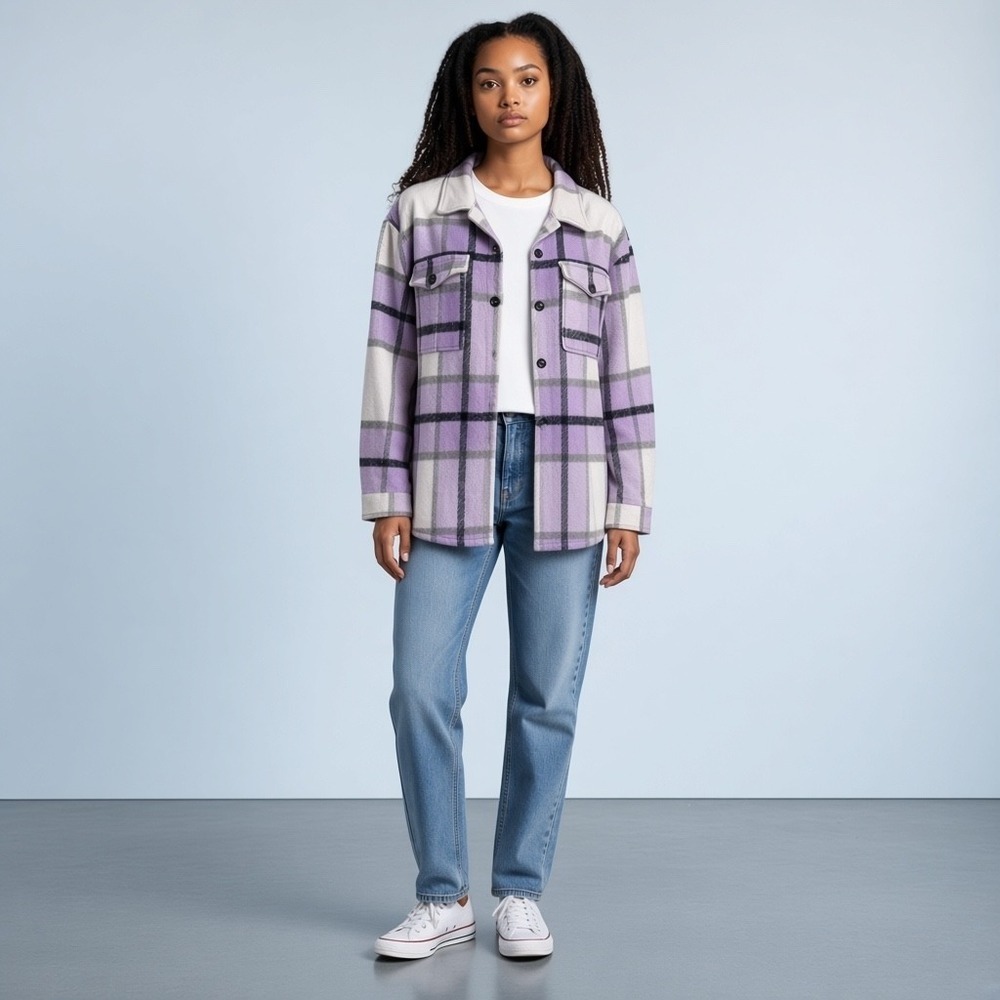 Blue B Collection Plaid Shacket Women Medium Purple White Black Button Front